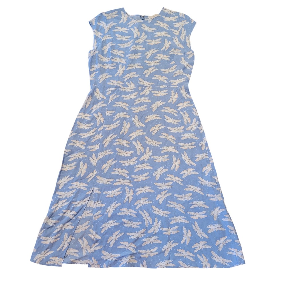 LOFT 12P Midi Dress Blue Dragonfly Print Cap Sleeve Front Slit Summer Cruise